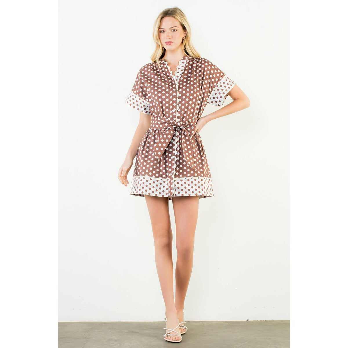 THML Brown Short Sleeve Polka Dot Dress
