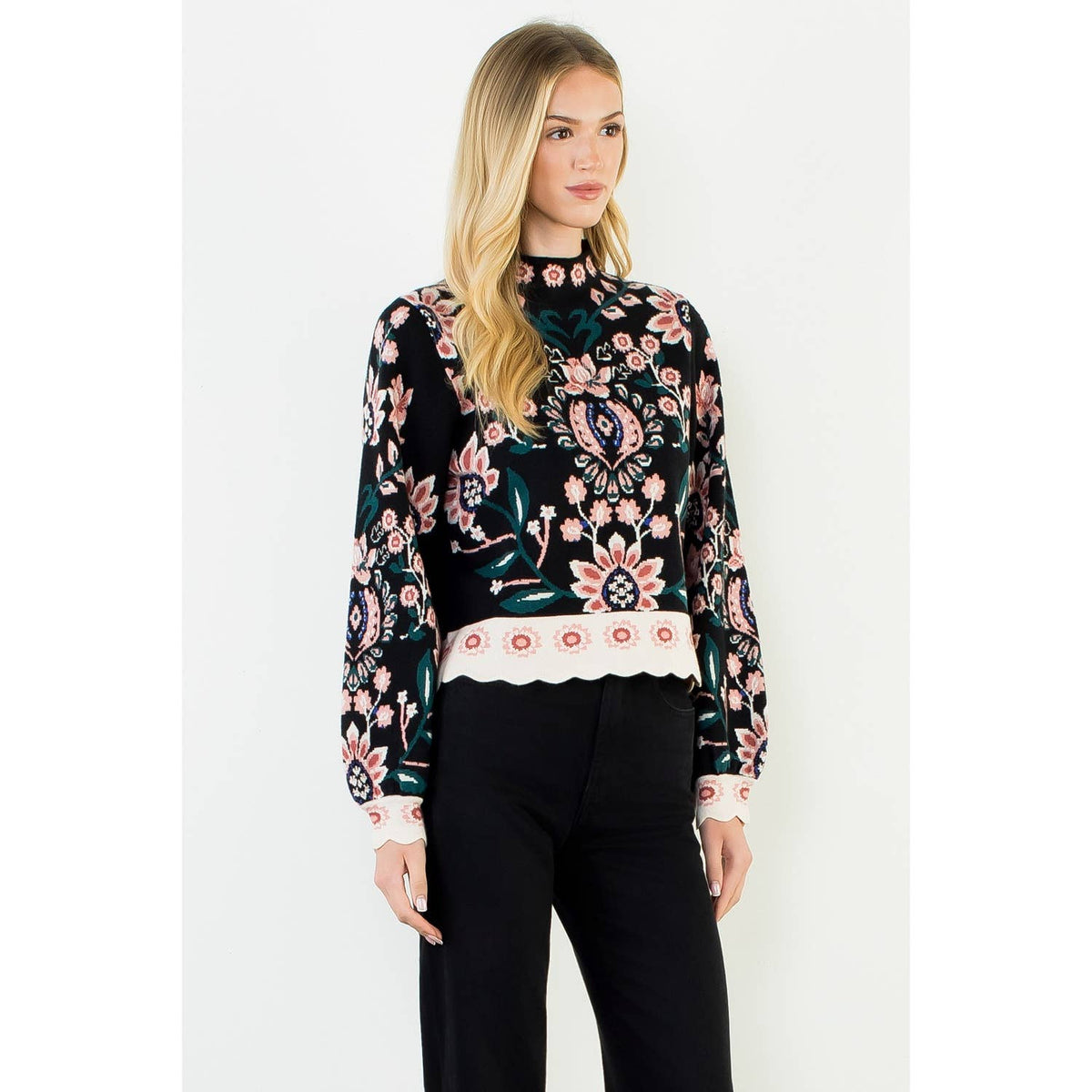 THML Olive High Neck Floral Sweater