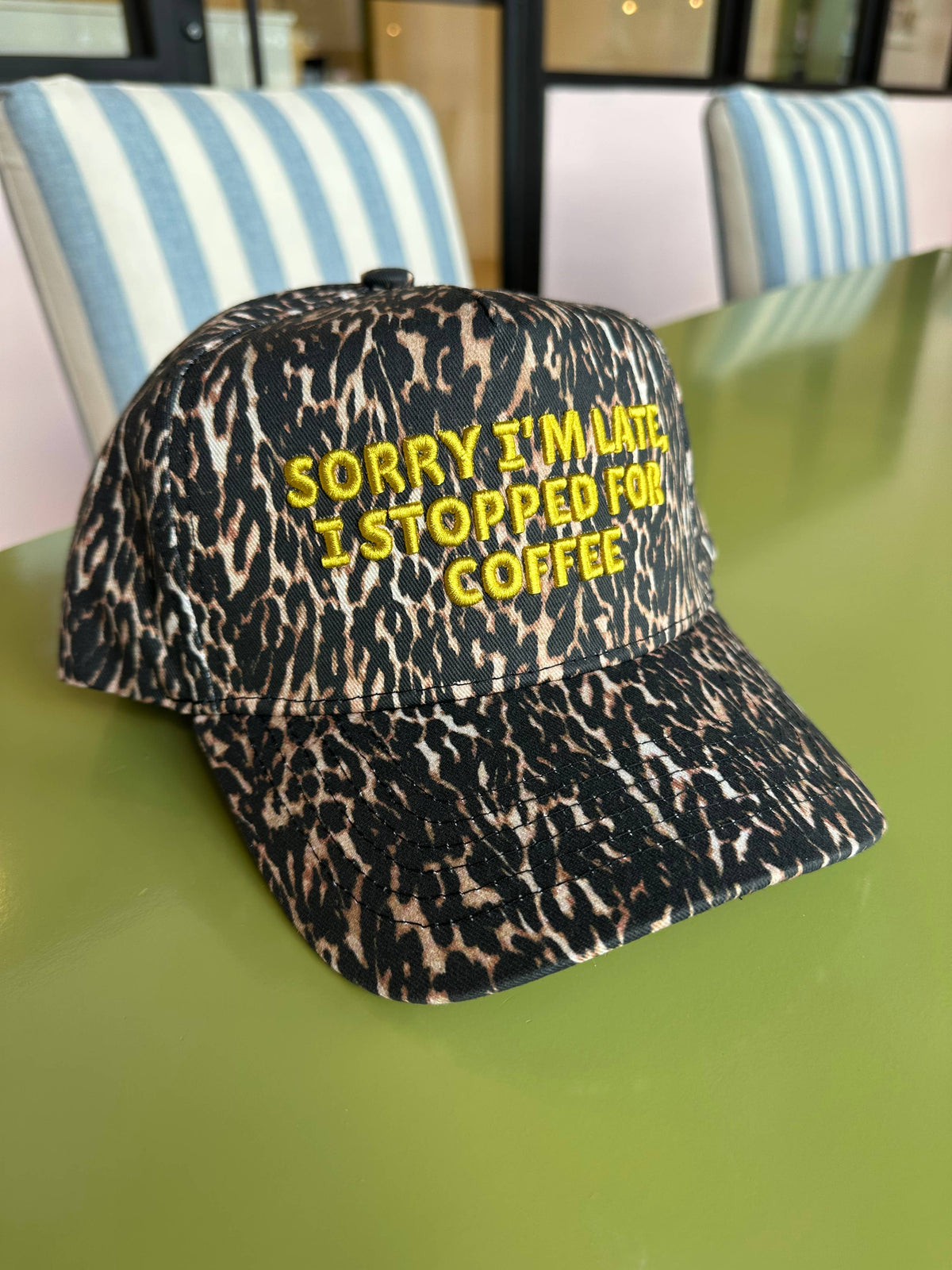 Sorry I'm Late, I Stopped for Coffee Leopard Trucker Hat