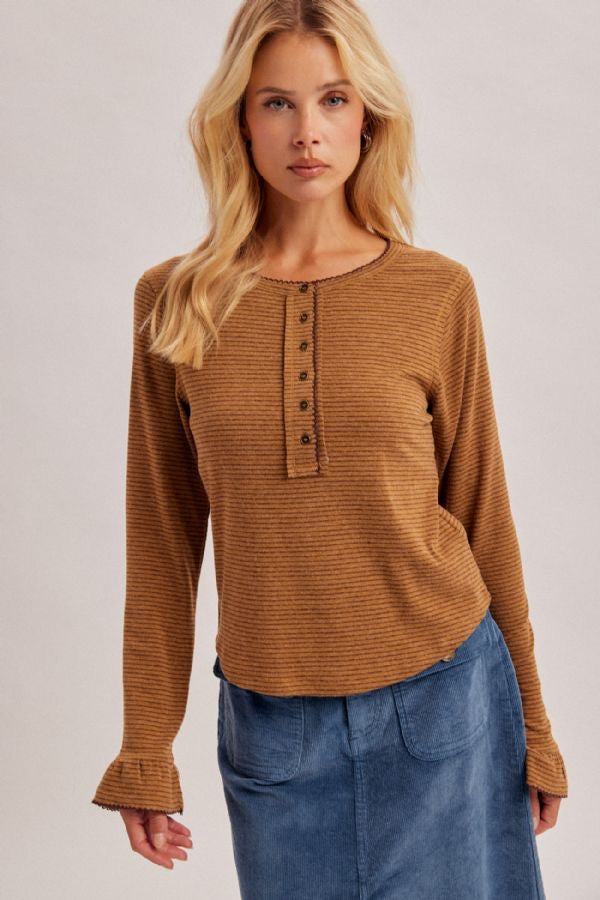Lace Edge Pinstripe Henley Top - Olive Brown