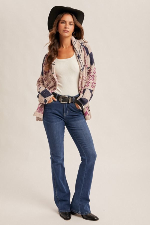 Speckled Yarn Contrast Edge Button-Down Cardigan - Grape