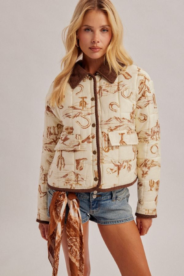 Ecru Western Cowboy Corduroy Padded Jacket