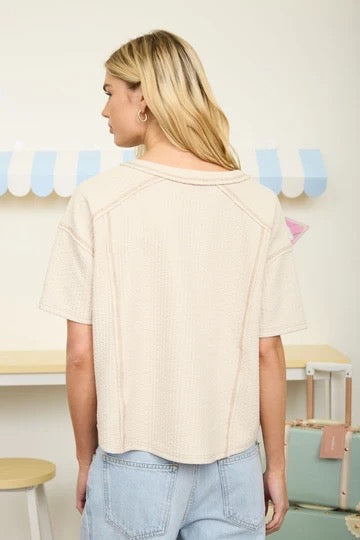 Textured Knit Short Sleeve Henley Knit Top, Khaki