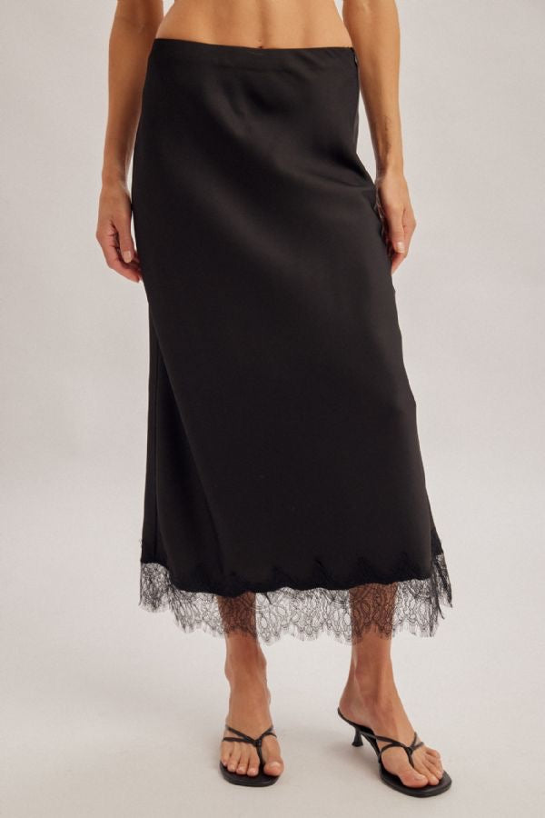 Elasticated Waist Lace Hem Detail Satin Midi Skirt