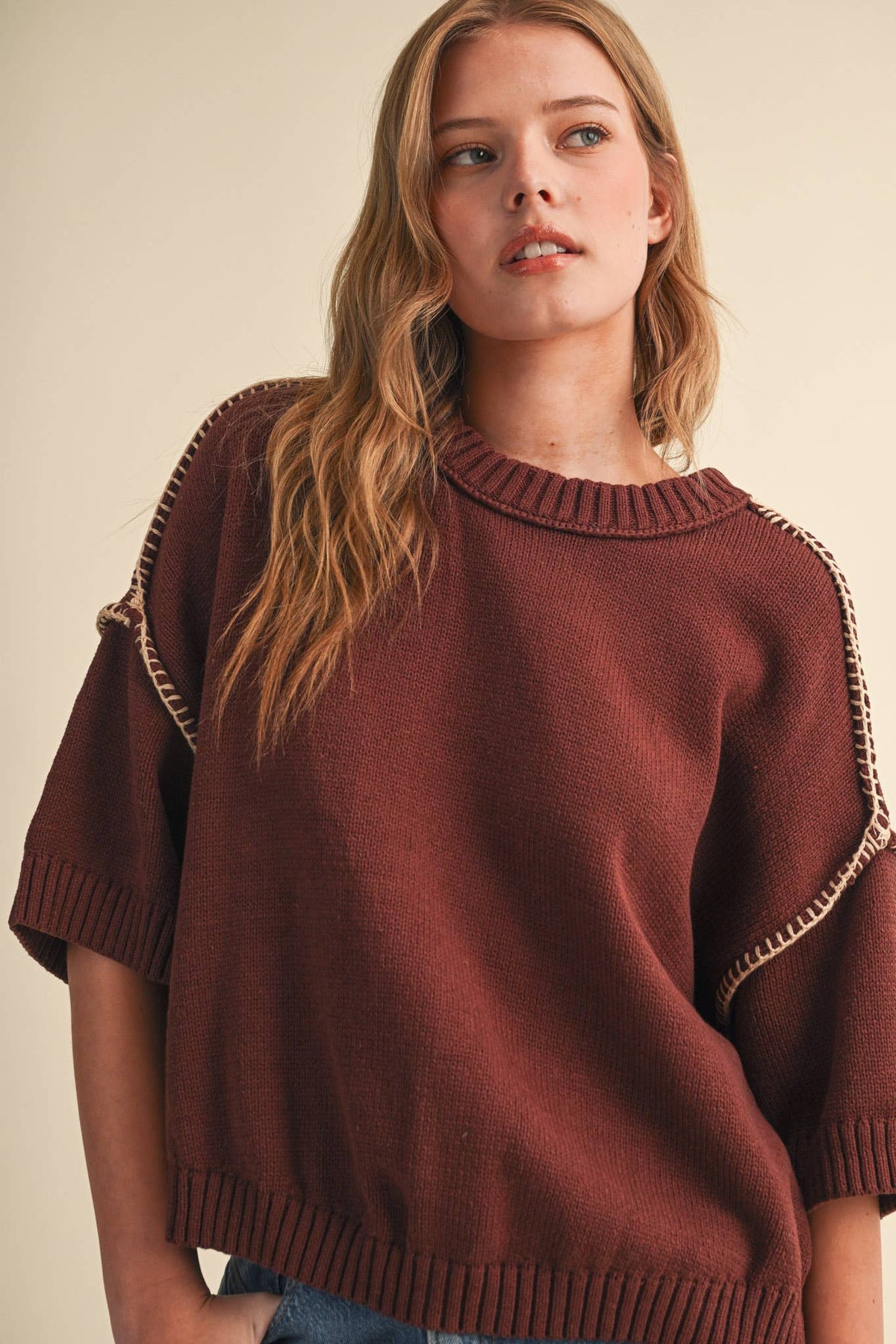Chocolate Cream Blanket-Stitch Short-Sleeve Sweater