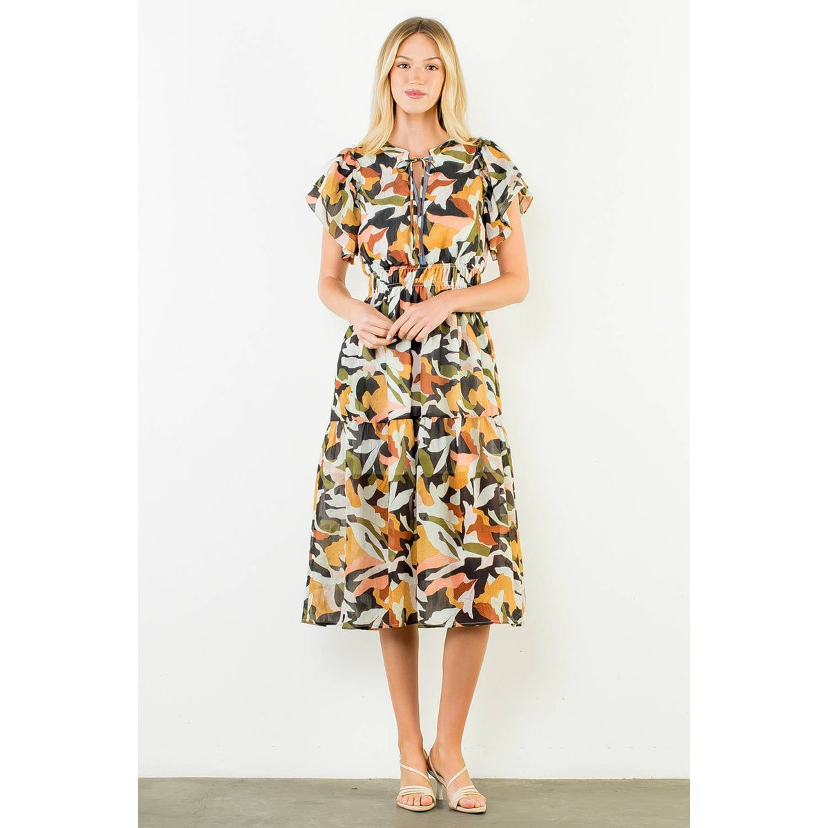 THML Olive Abstract Flowy Maxi Dress