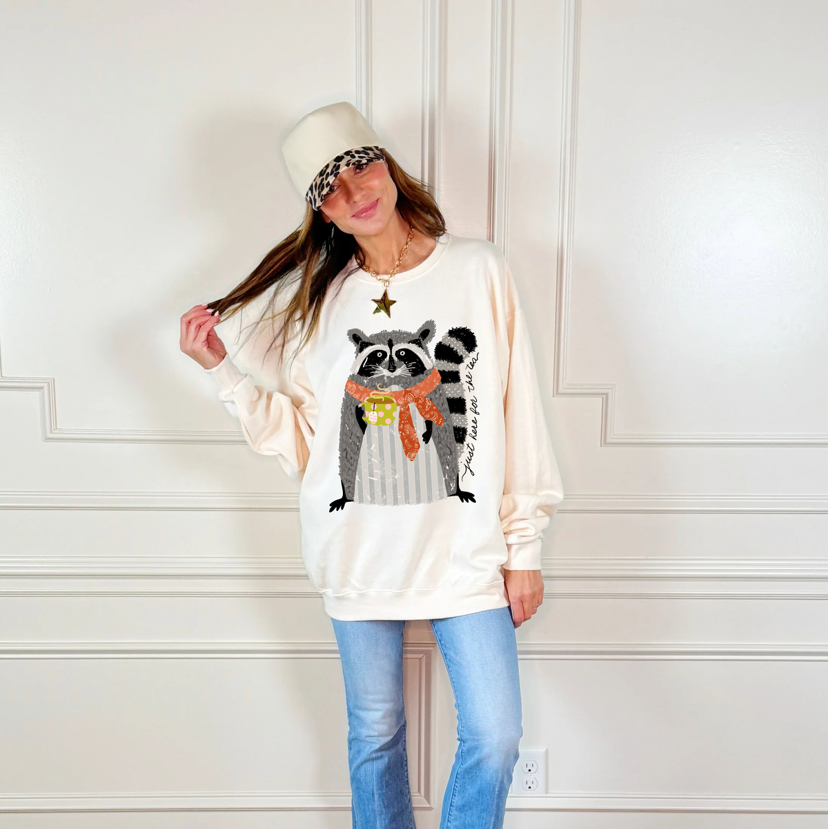 Raccoon Tea Time Graphic Sweatshirt - Ivory