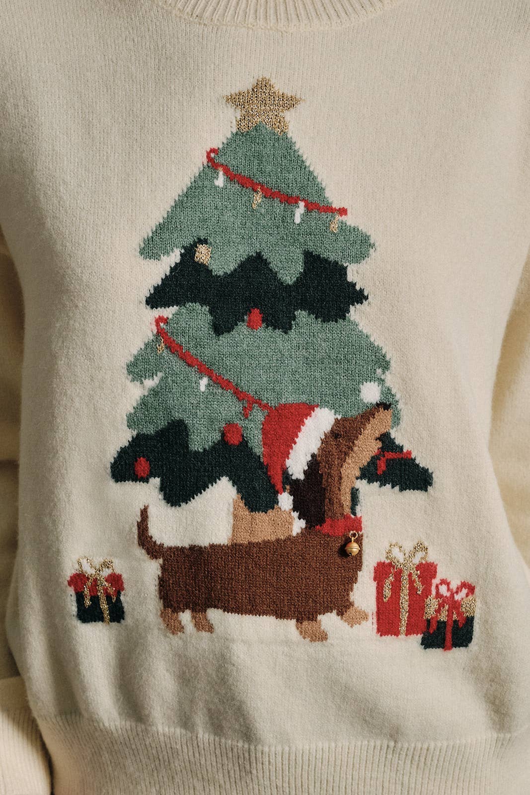 Christmas Dachshund Graphic Crew Neck Sweater - Cream