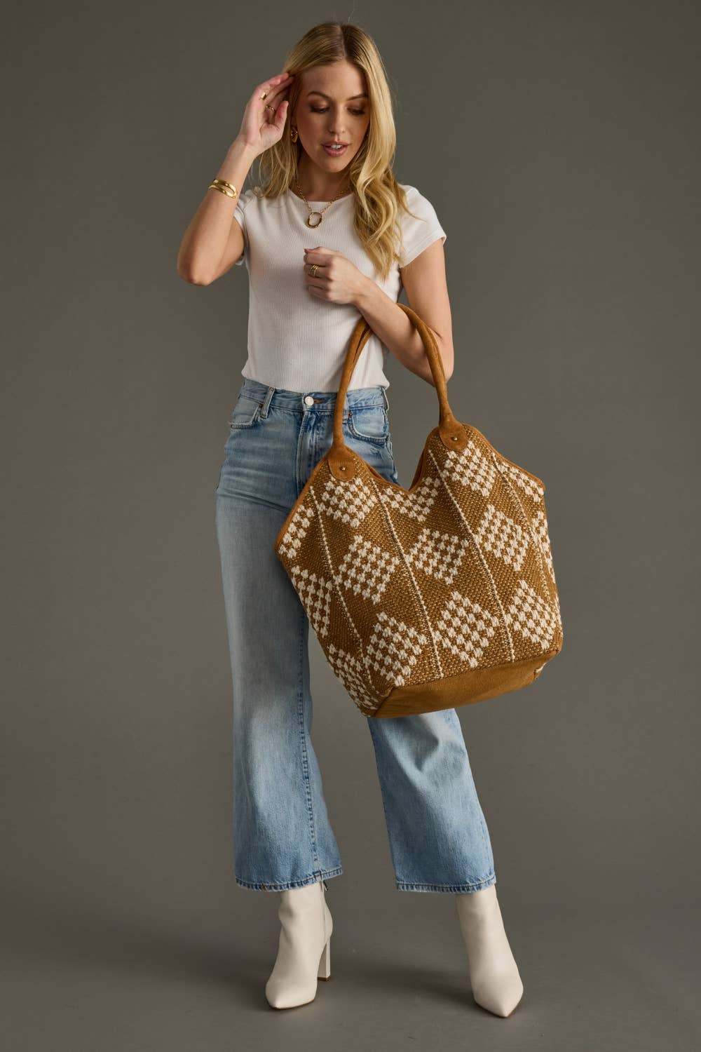 Brown & Cream Diamond-Pattern Tote