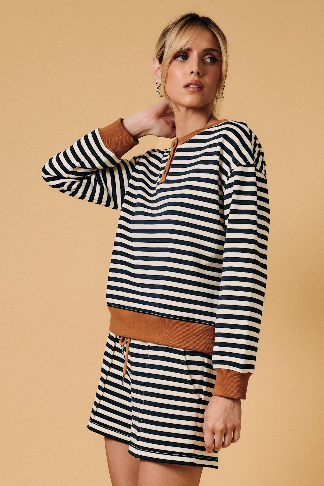 Henley Neck Contrast Trim Striped Sweatshirt