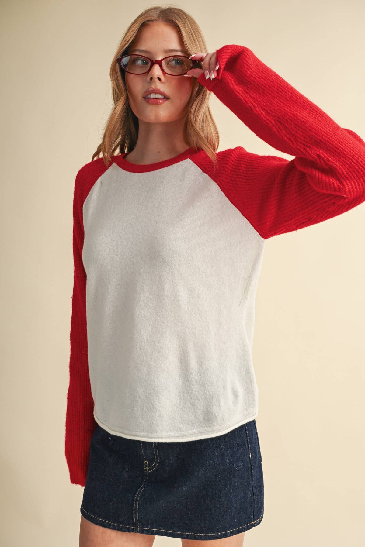 &MERCI Blue/White Sweater Knit Raglan Baseball Tee