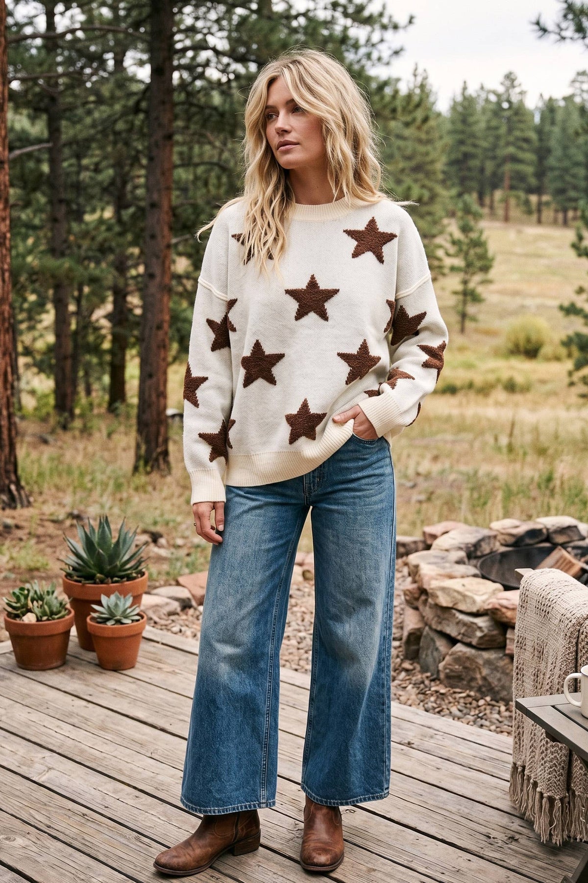 Sewn and Seen Oversized Star Knit Sweater - Ivory/Brown