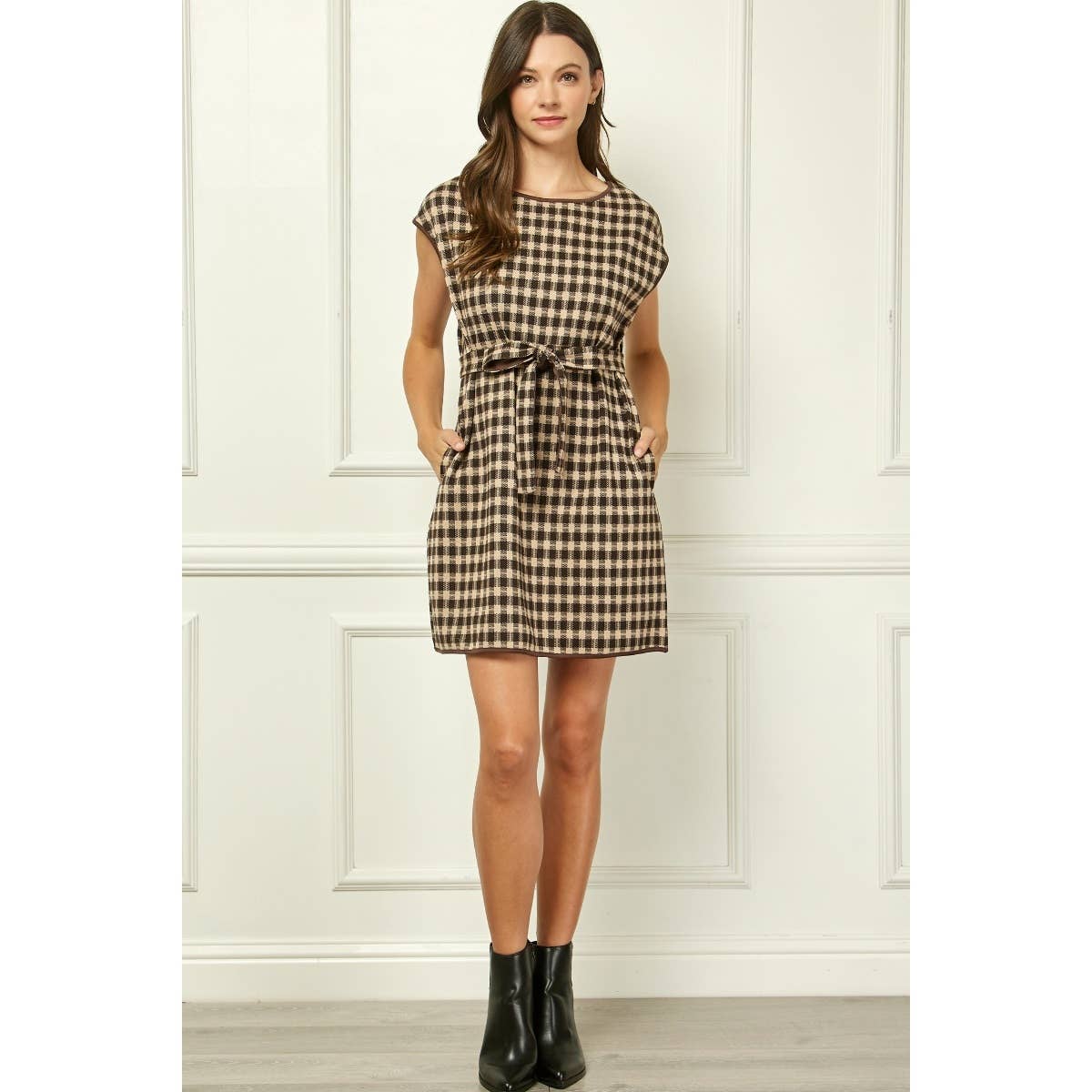 Brown Checker-Knit Belted Mini Dress
