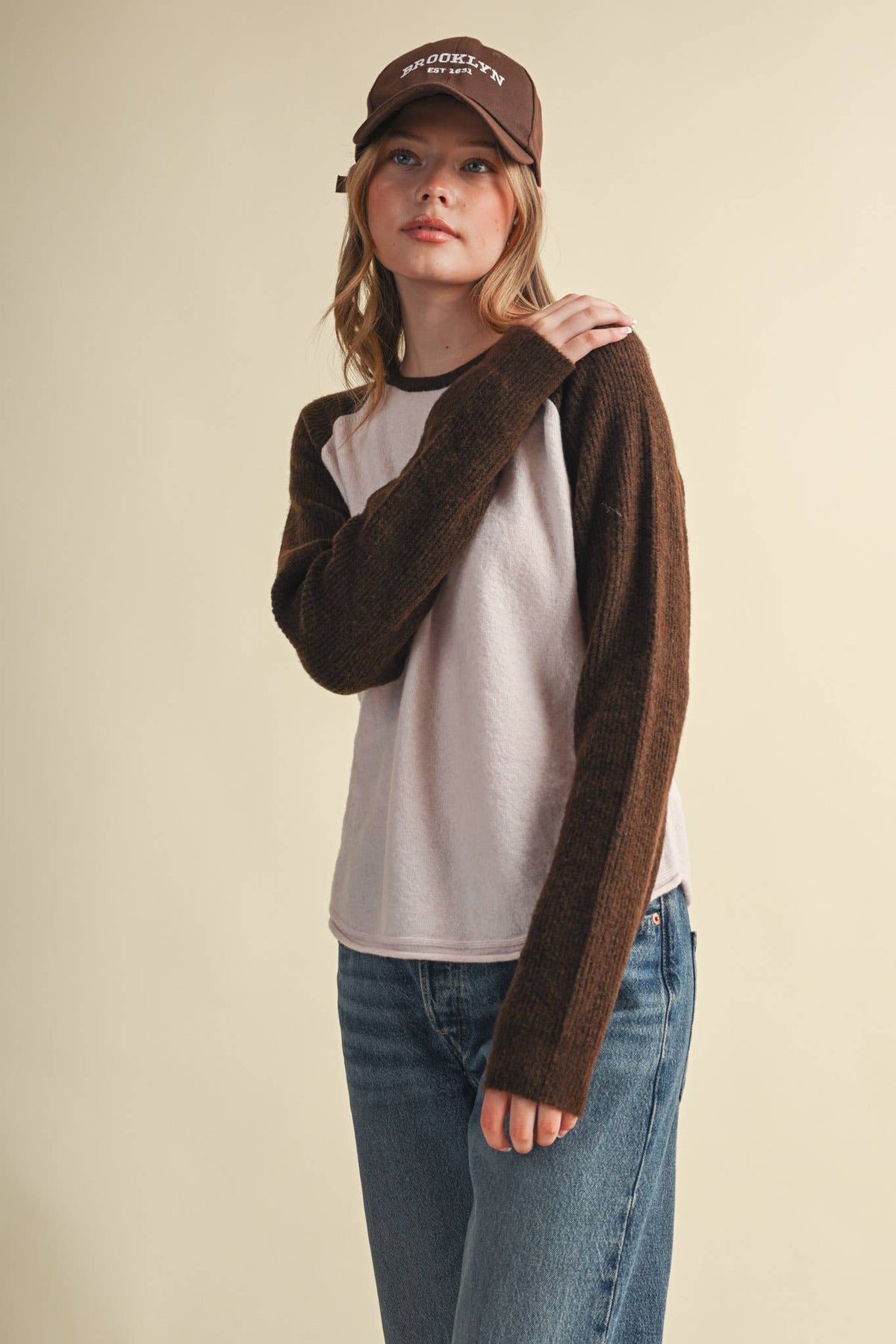 &MERCI Blue/White Sweater Knit Raglan Baseball Tee