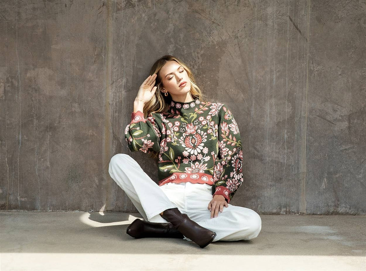 THML Olive High Neck Floral Sweater