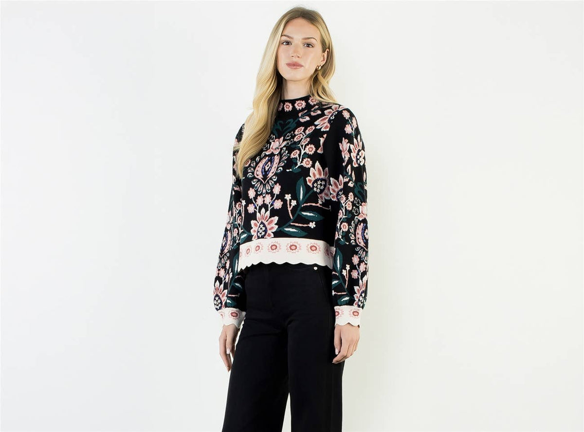 THML Olive High Neck Floral Sweater