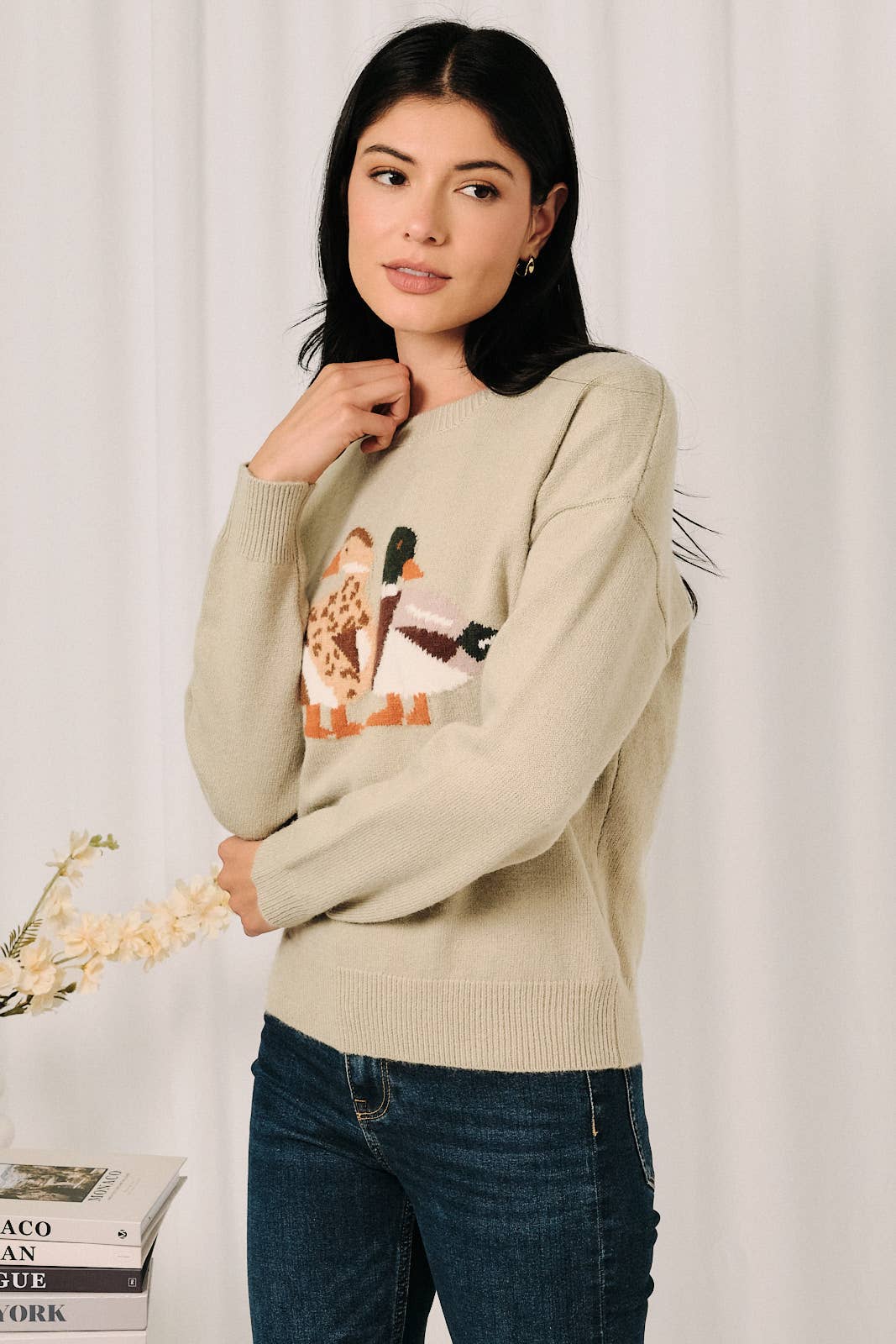 Round Neck Mallard Duck Graphic Long Sleeve Knit Sweater