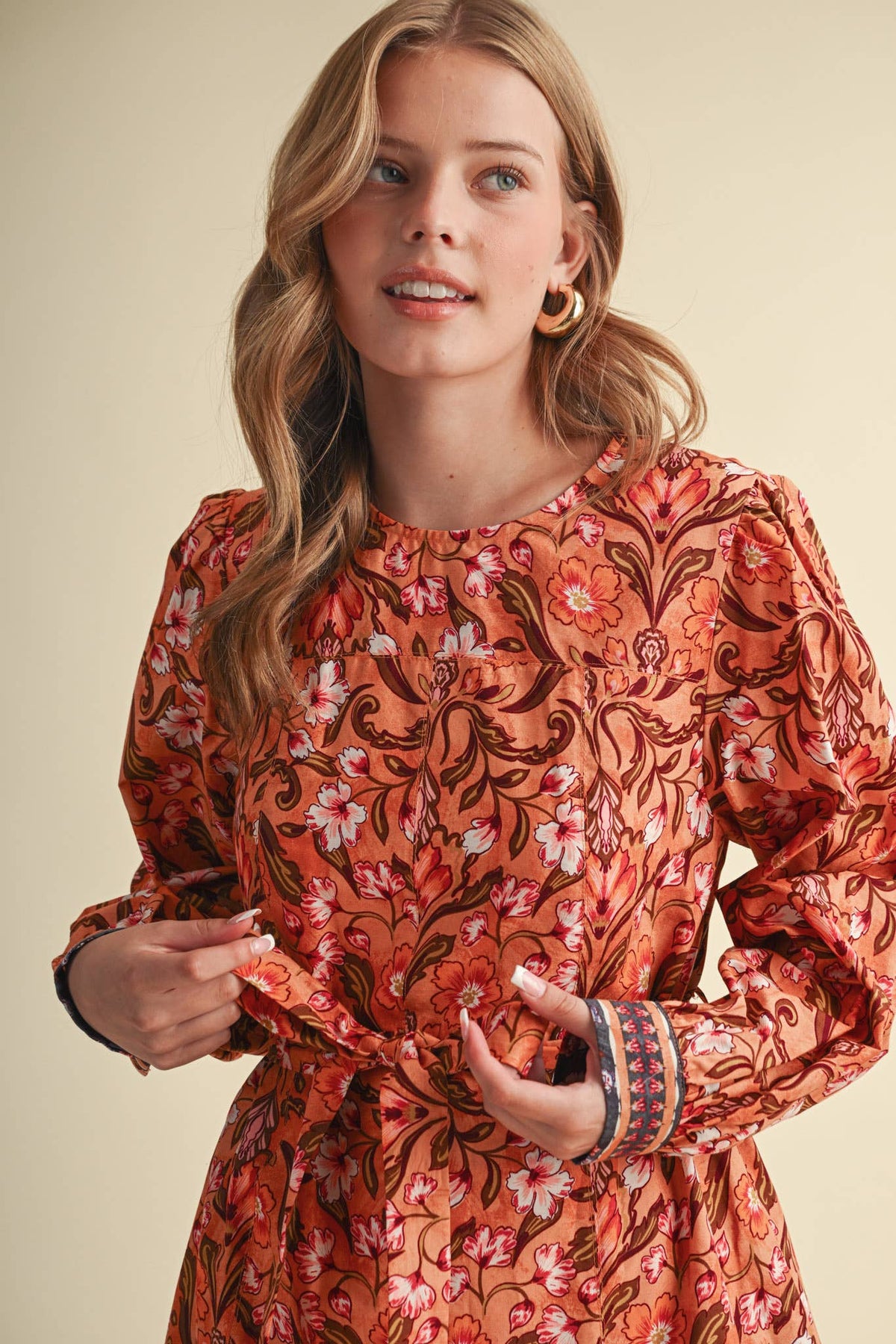 &MERCI Floral Border Print Belted Mini Dress - Brown/Olive Multi