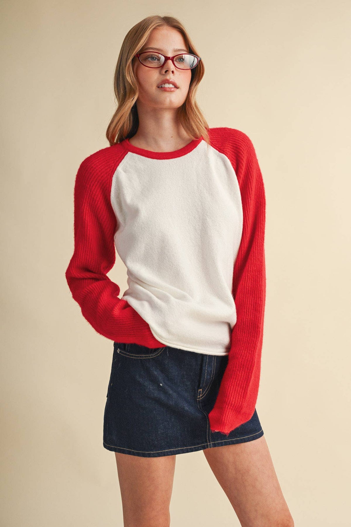 &MERCI Blue/White Sweater Knit Raglan Baseball Tee