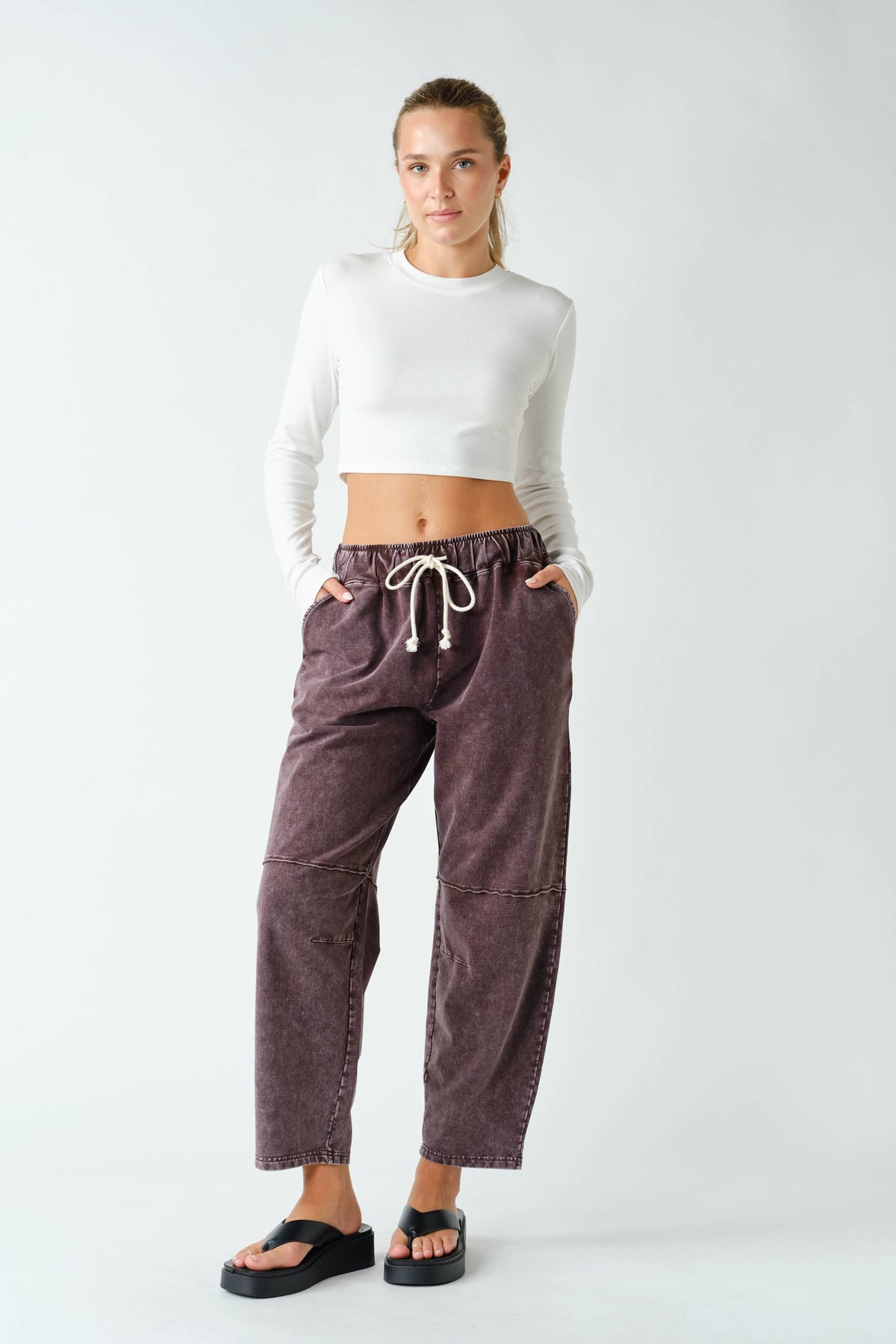 Coffee Bean Mineral-Wash Cropped Straight-Leg Pants