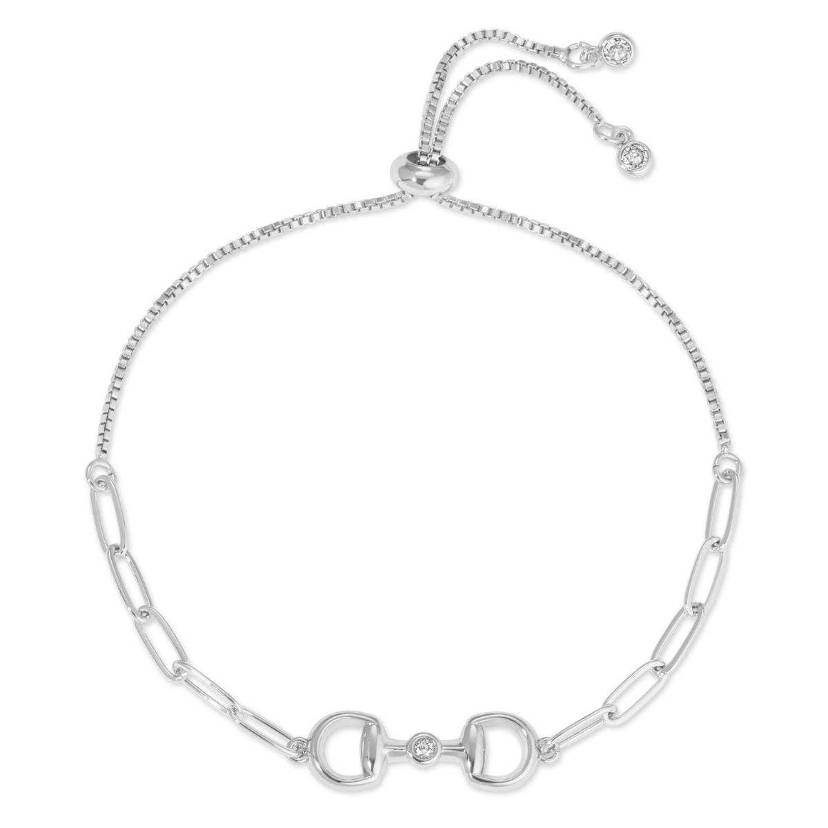 Splendid Iris Silver Horsebit Pulley Bracelet with CZ
