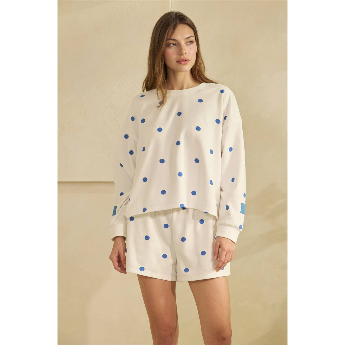 White & Blue Polka-Dot Lounge Crewneck Sweatshirt