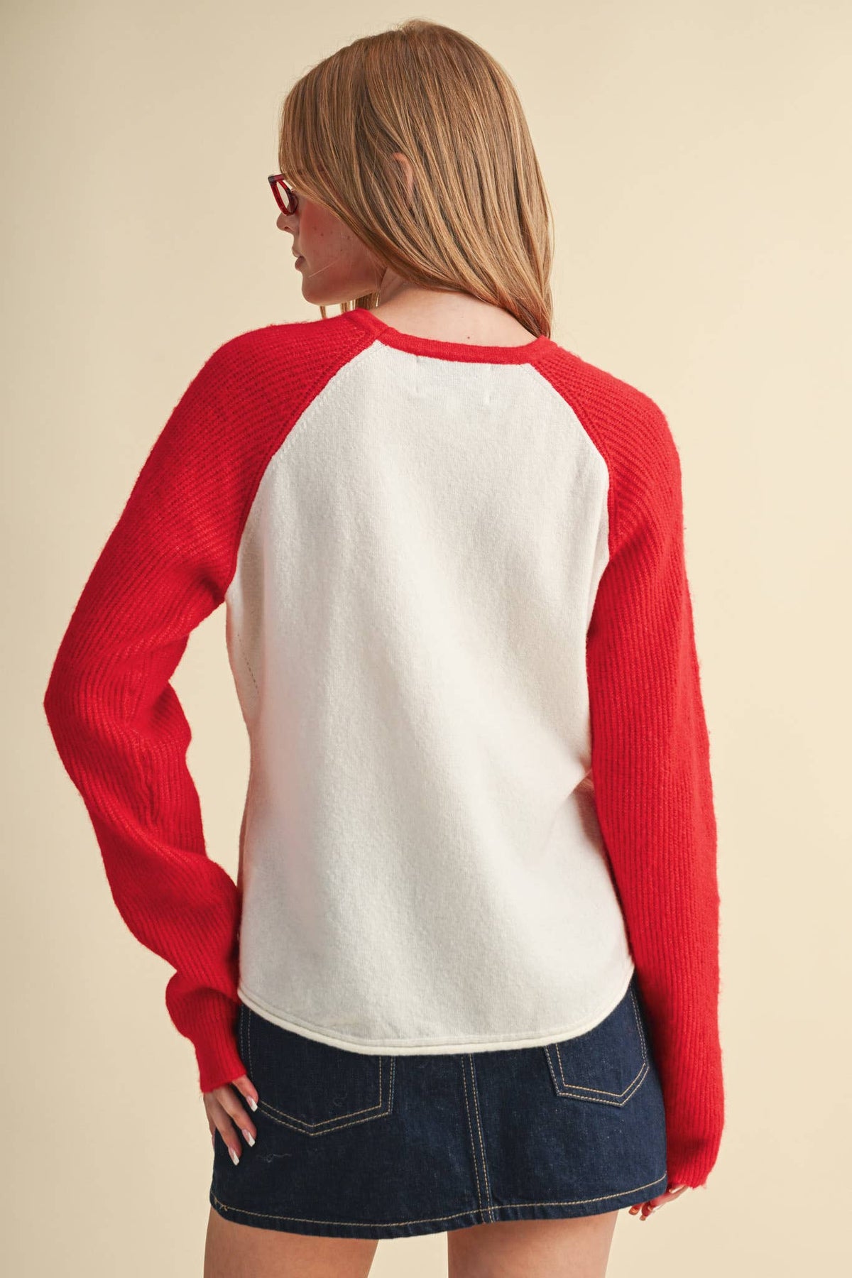 &MERCI Blue/White Sweater Knit Raglan Baseball Tee