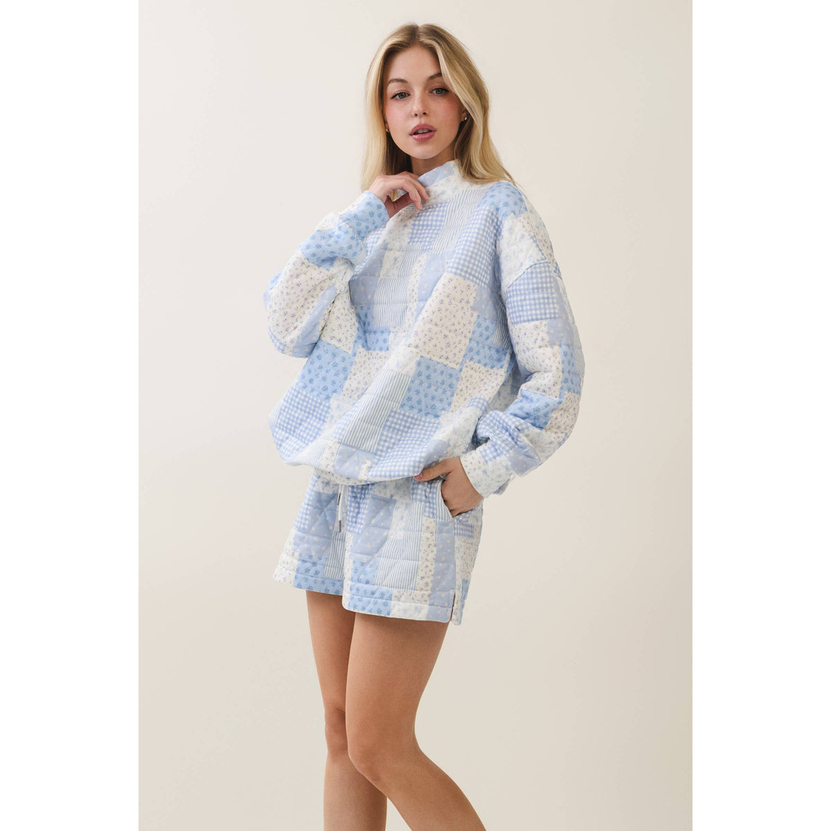 Veveret Pink Patchwork Quilted Mock Neck Pullover