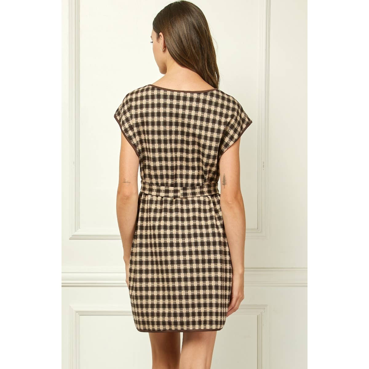 Brown Checker-Knit Belted Mini Dress