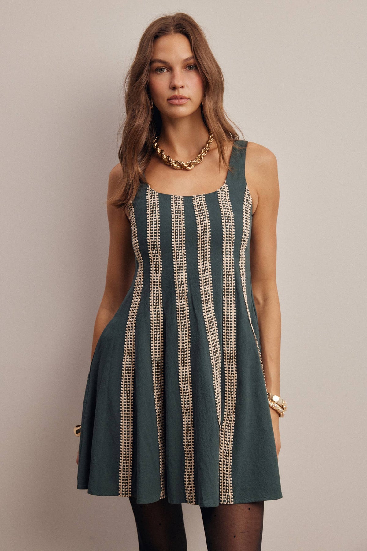 Forte Embroidered Stripe Fit & Flare Mini Dress - Dark Green