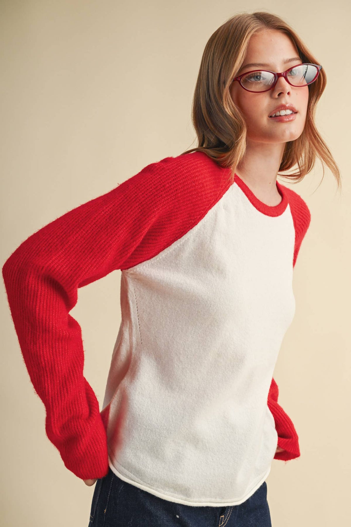 &MERCI Blue/White Sweater Knit Raglan Baseball Tee