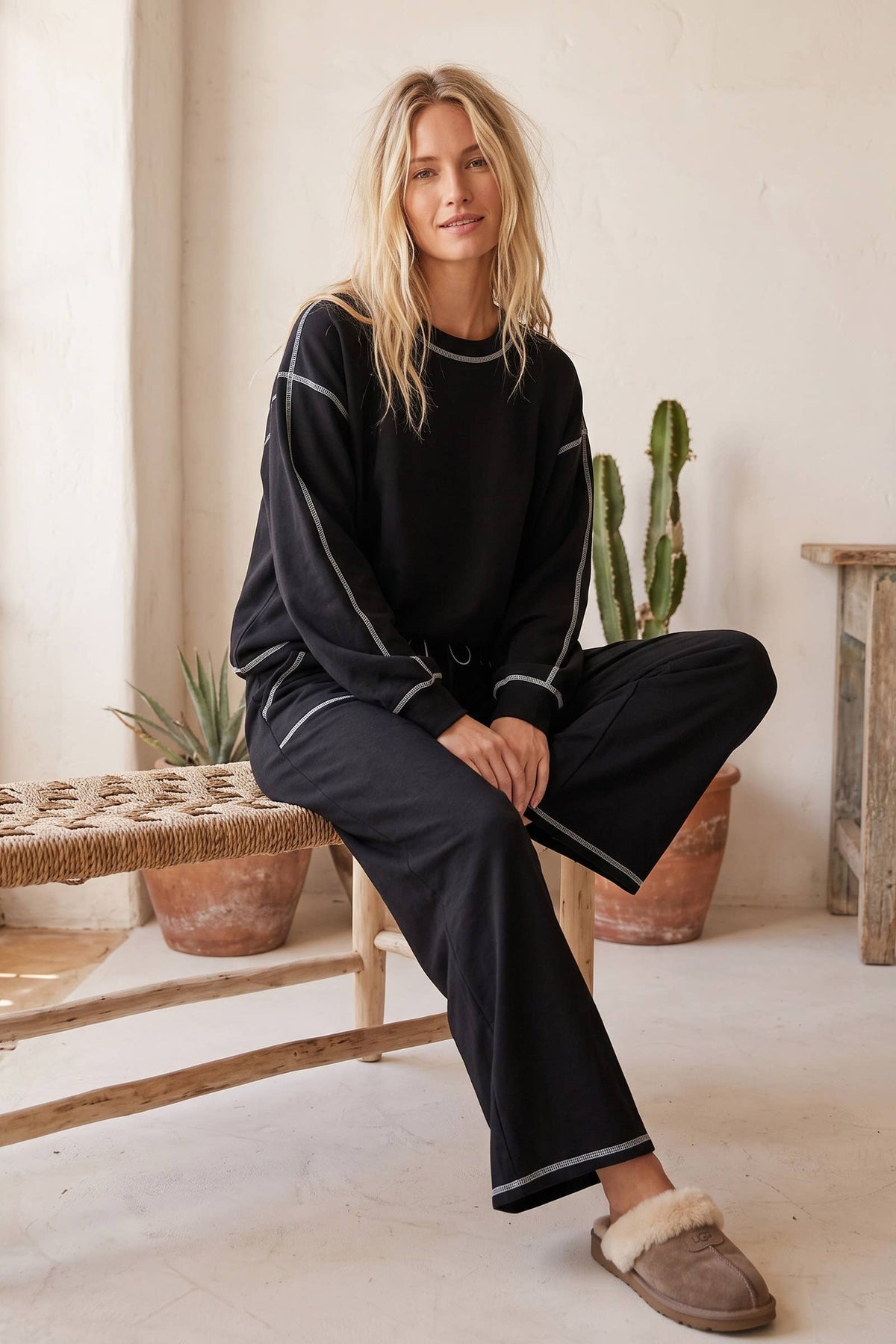 Scuba Contrast-Stitch Pullover & Wide-Leg Pants Set - Black