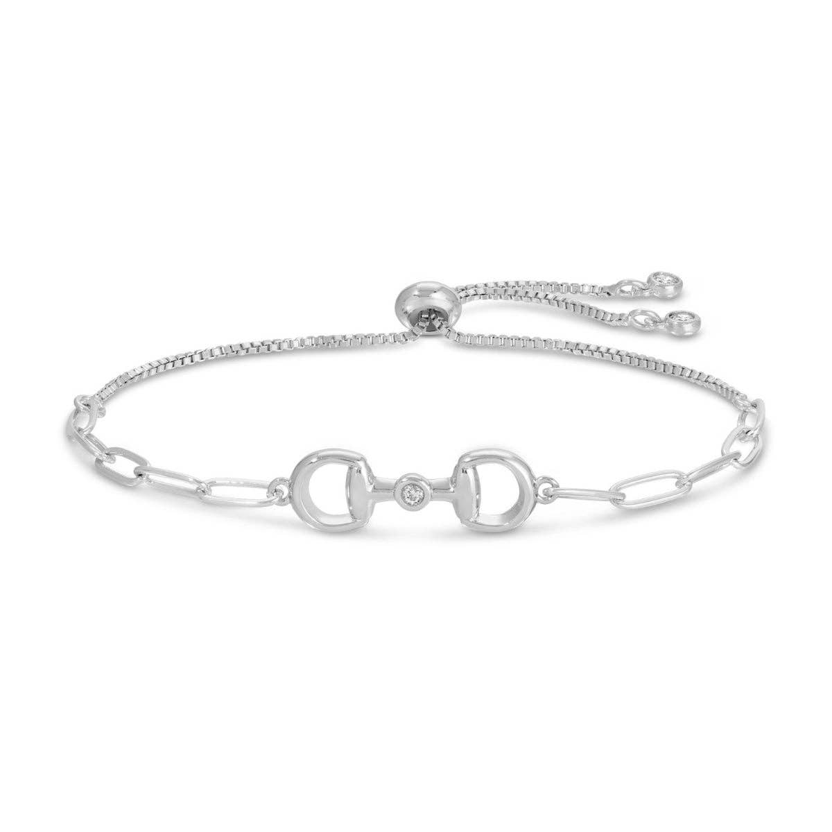 Splendid Iris Silver Horsebit Pulley Bracelet with CZ