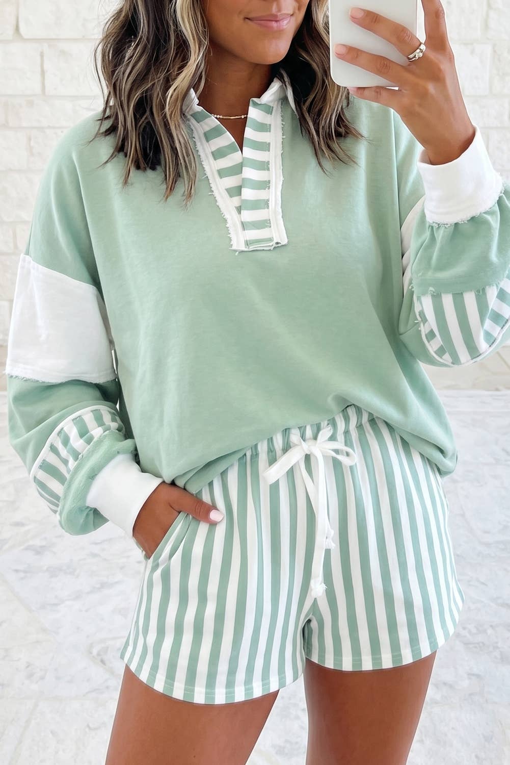 Smoke Green Striped Colorblock Sweatshirt & Shorts Set