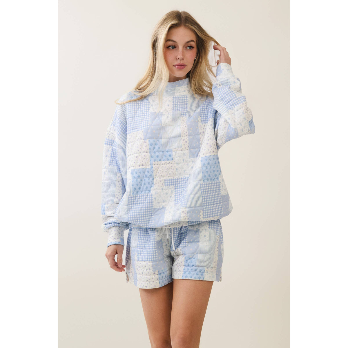 Veveret Pink Patchwork Quilted Mock Neck Pullover