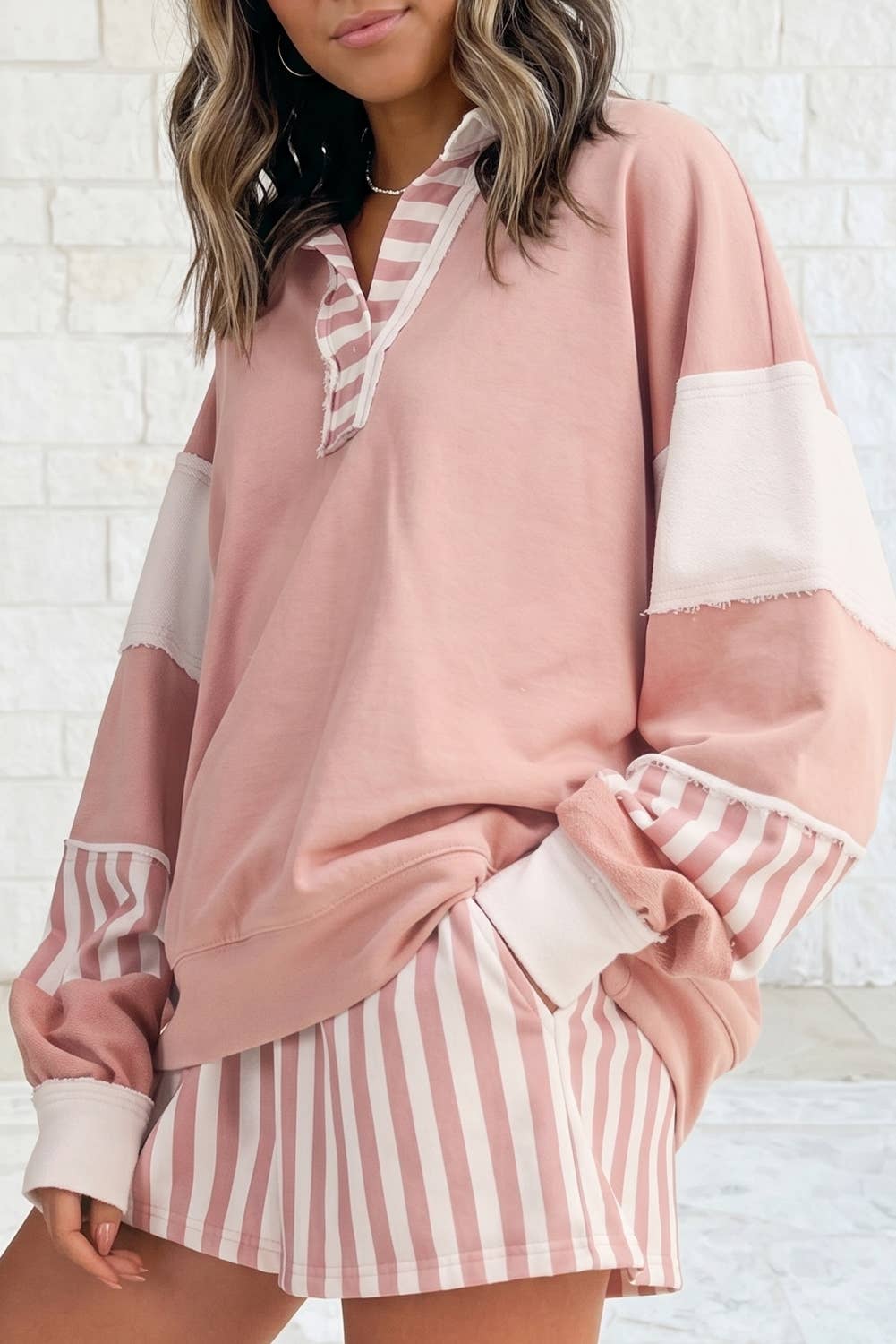Smoke Green Striped Colorblock Sweatshirt & Shorts Set