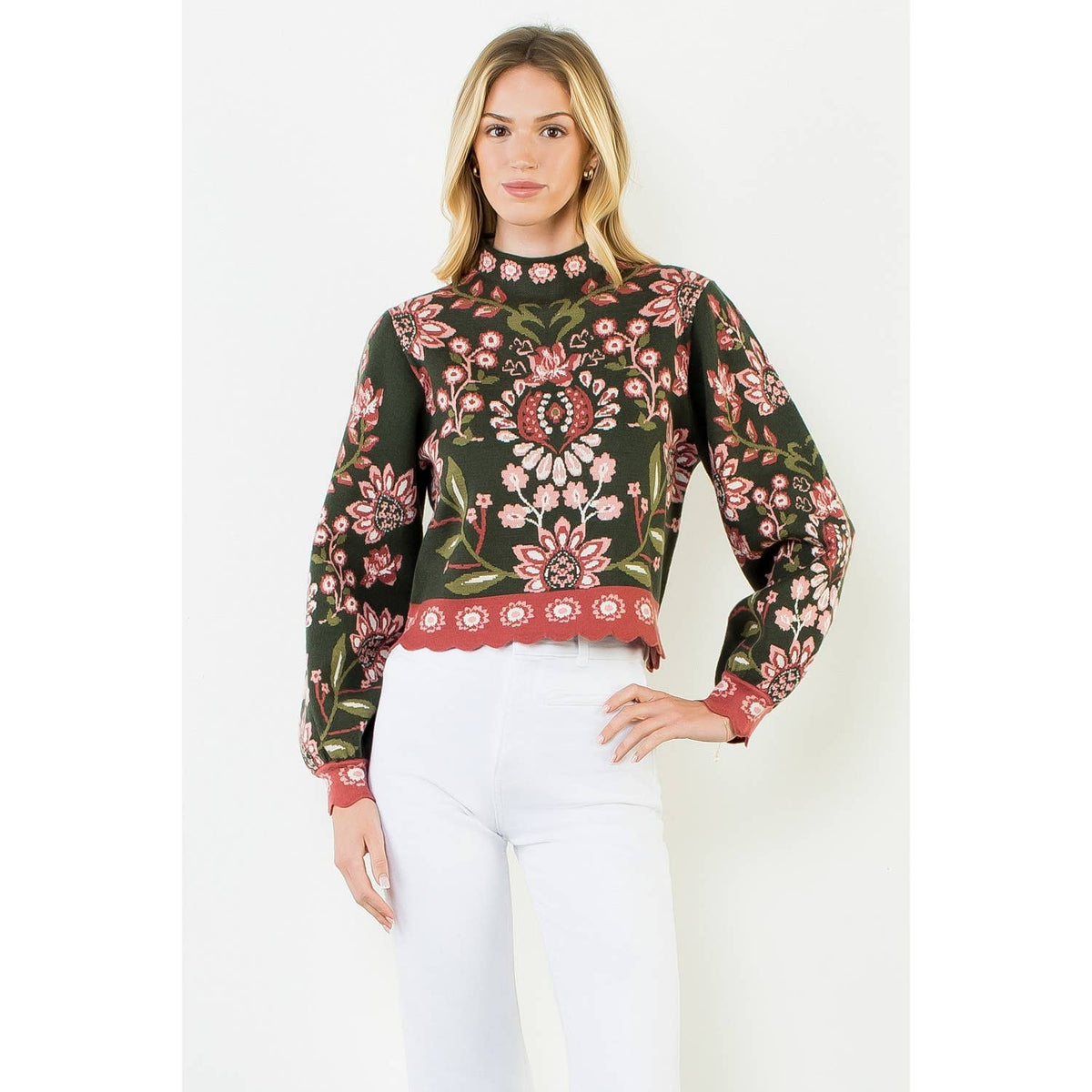 THML Olive High Neck Floral Sweater