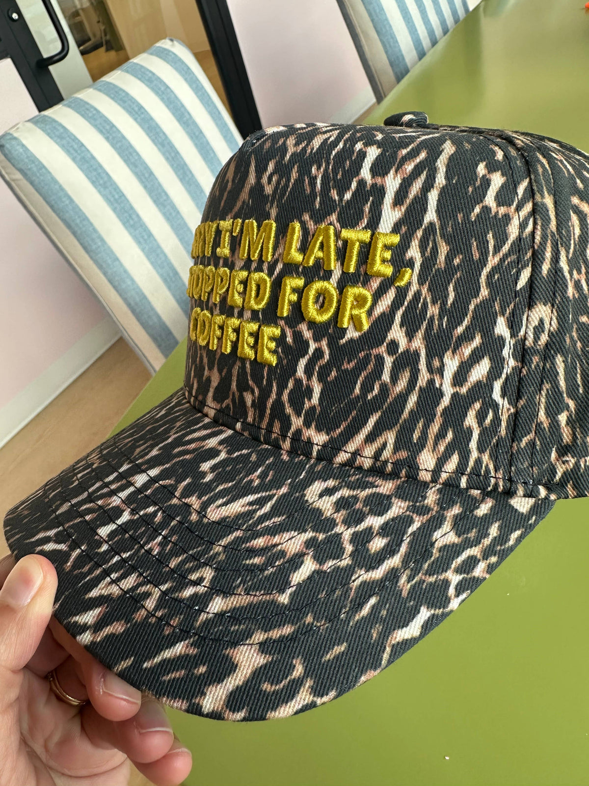 Sorry I'm Late, I Stopped for Coffee Leopard Trucker Hat