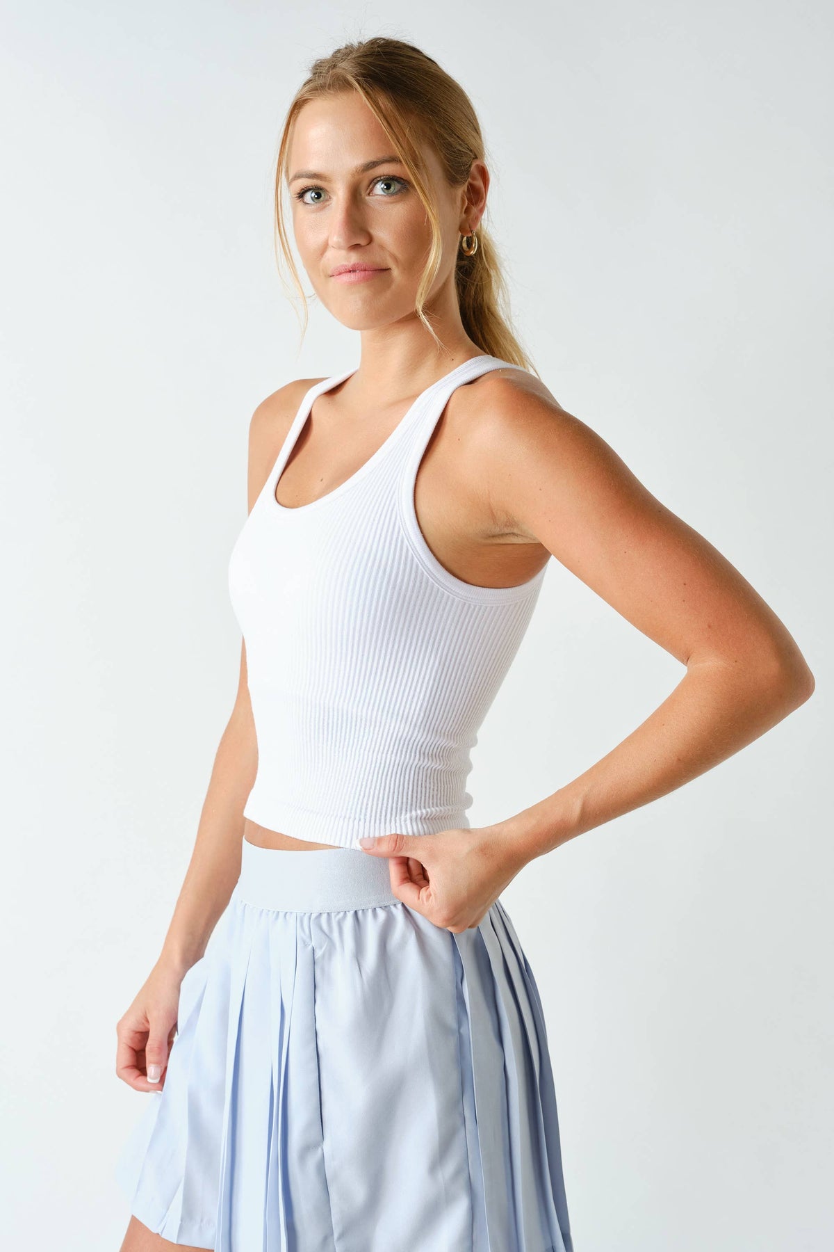 White Ribbed Scoop-Neck Cropped Tank with Built-In Bra