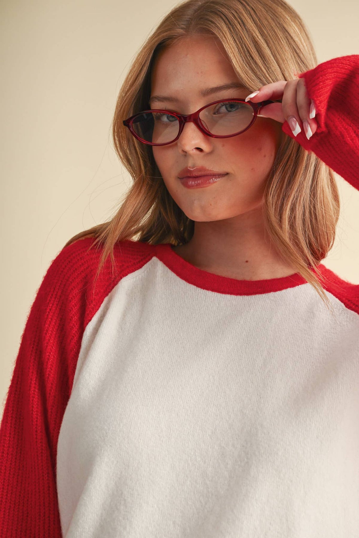 &MERCI Blue/White Sweater Knit Raglan Baseball Tee