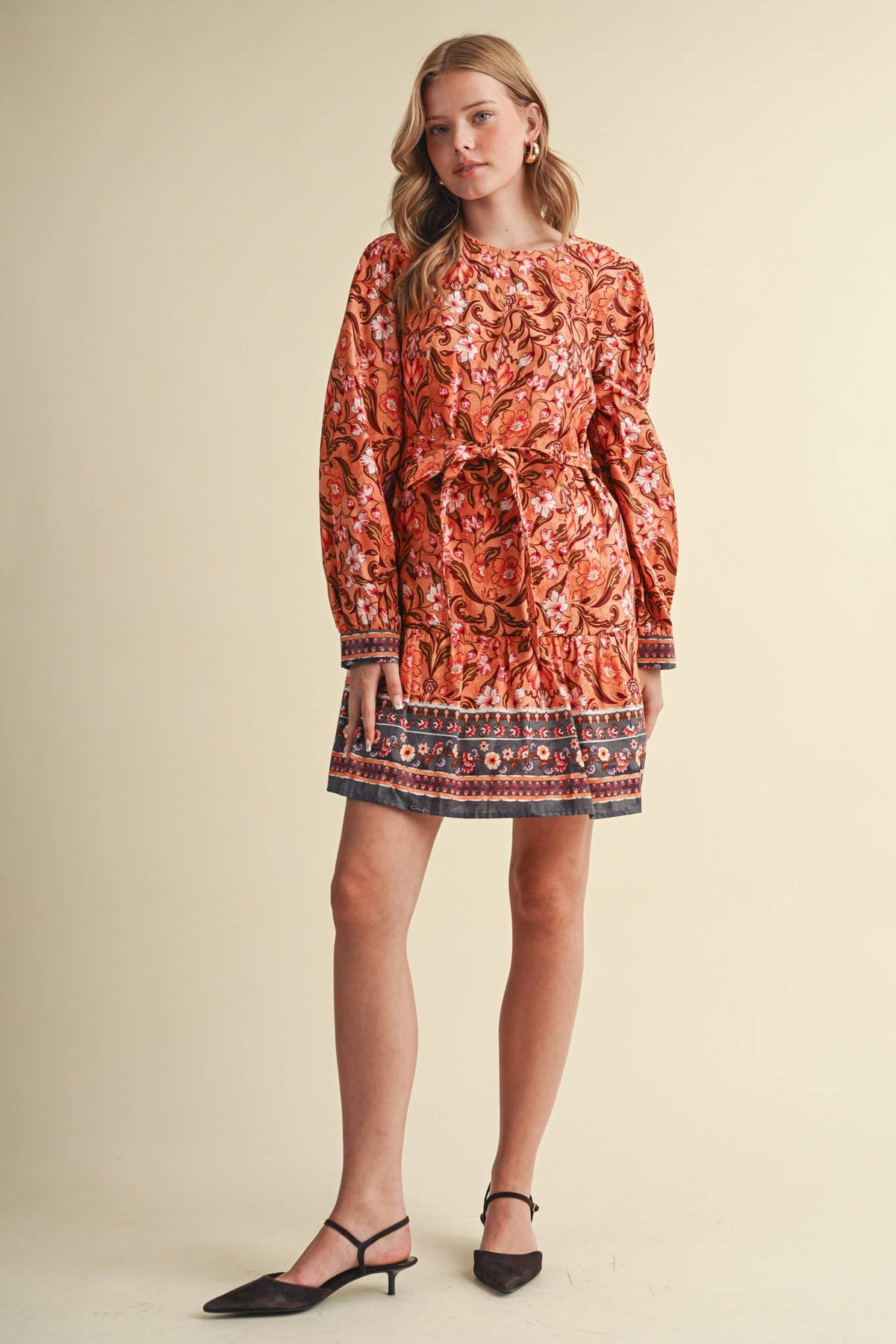 &MERCI Floral Border Print Belted Mini Dress - Brown/Olive Multi