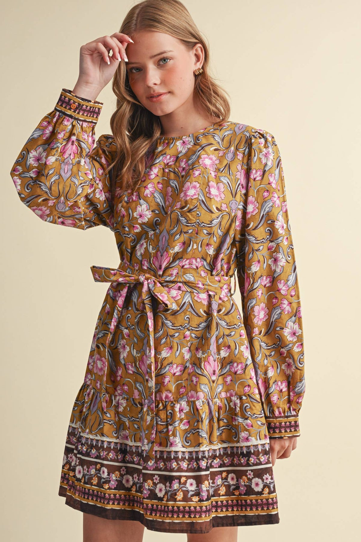 &MERCI Floral Border Print Belted Mini Dress - Brown/Olive Multi