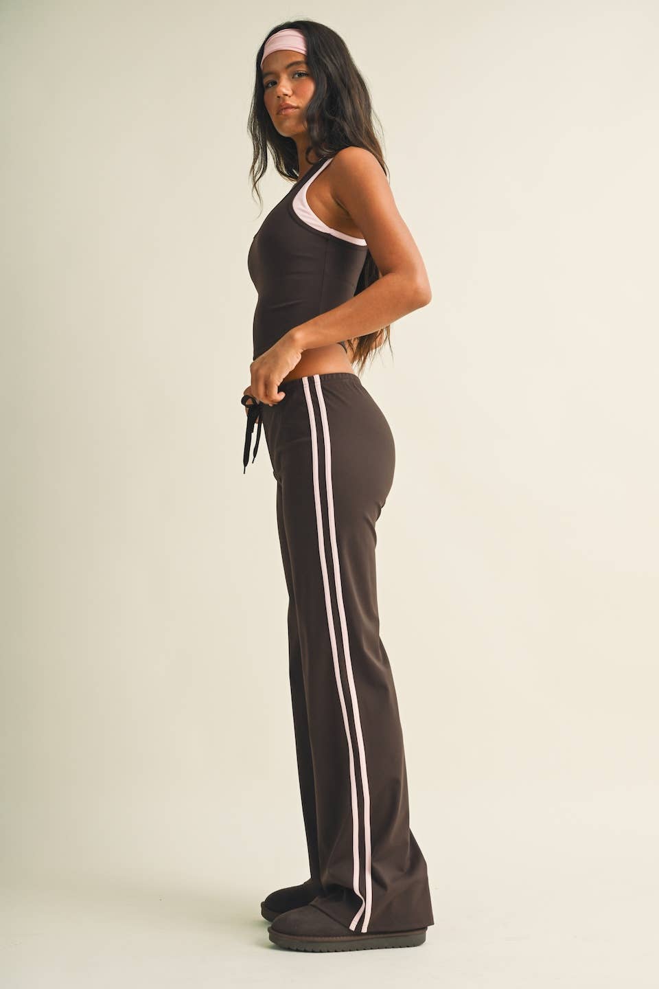 GLOWIE Side Stripe Low-Rise Straight-Leg Pants - Dark Chocolate