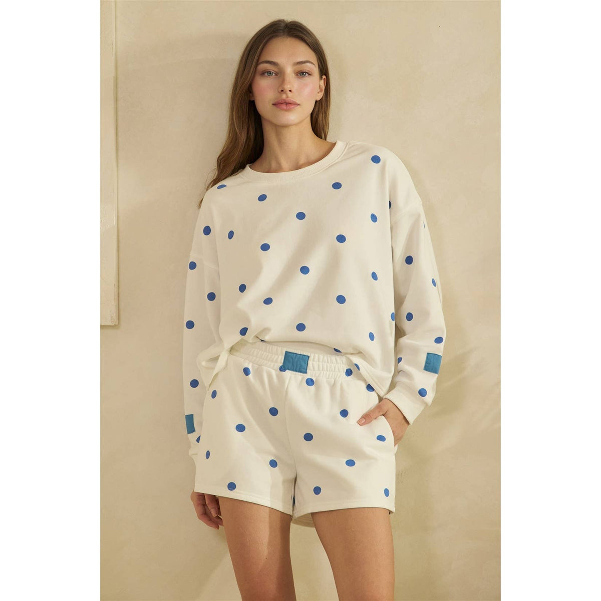 White & Blue Polka-Dot Lounge Crewneck Sweatshirt