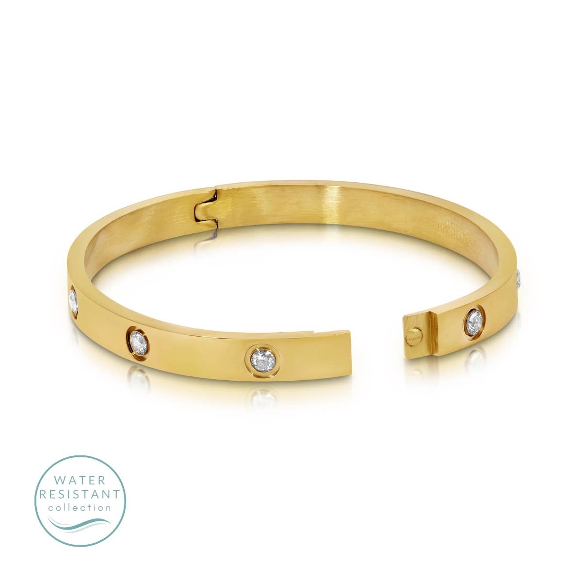 Splendid Iris Gold Cubic Zirconia Hinged Bangle - Water-Resistant