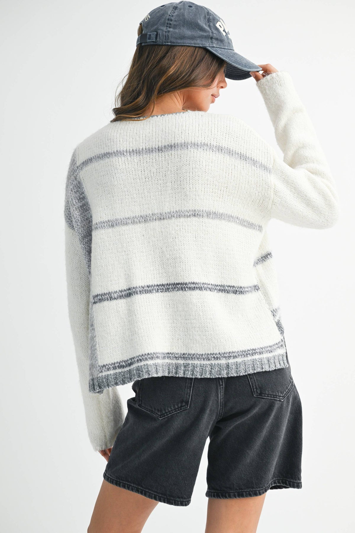 AEMI + CO Mona Striped Knit Pullover Sweater - White/Gray