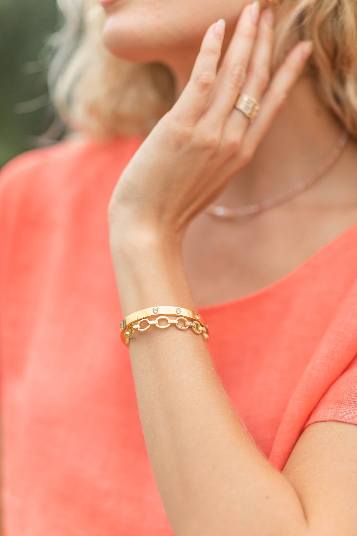 Splendid Iris Gold Cubic Zirconia Hinged Bangle - Water-Resistant