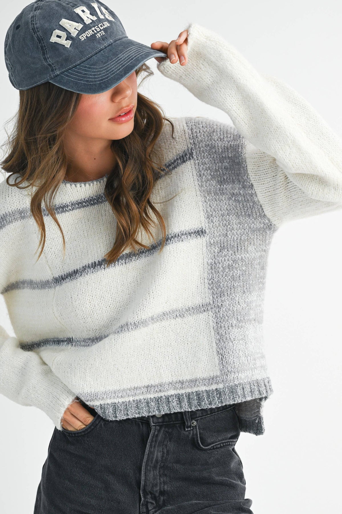AEMI + CO Mona Striped Knit Pullover Sweater - White/Gray