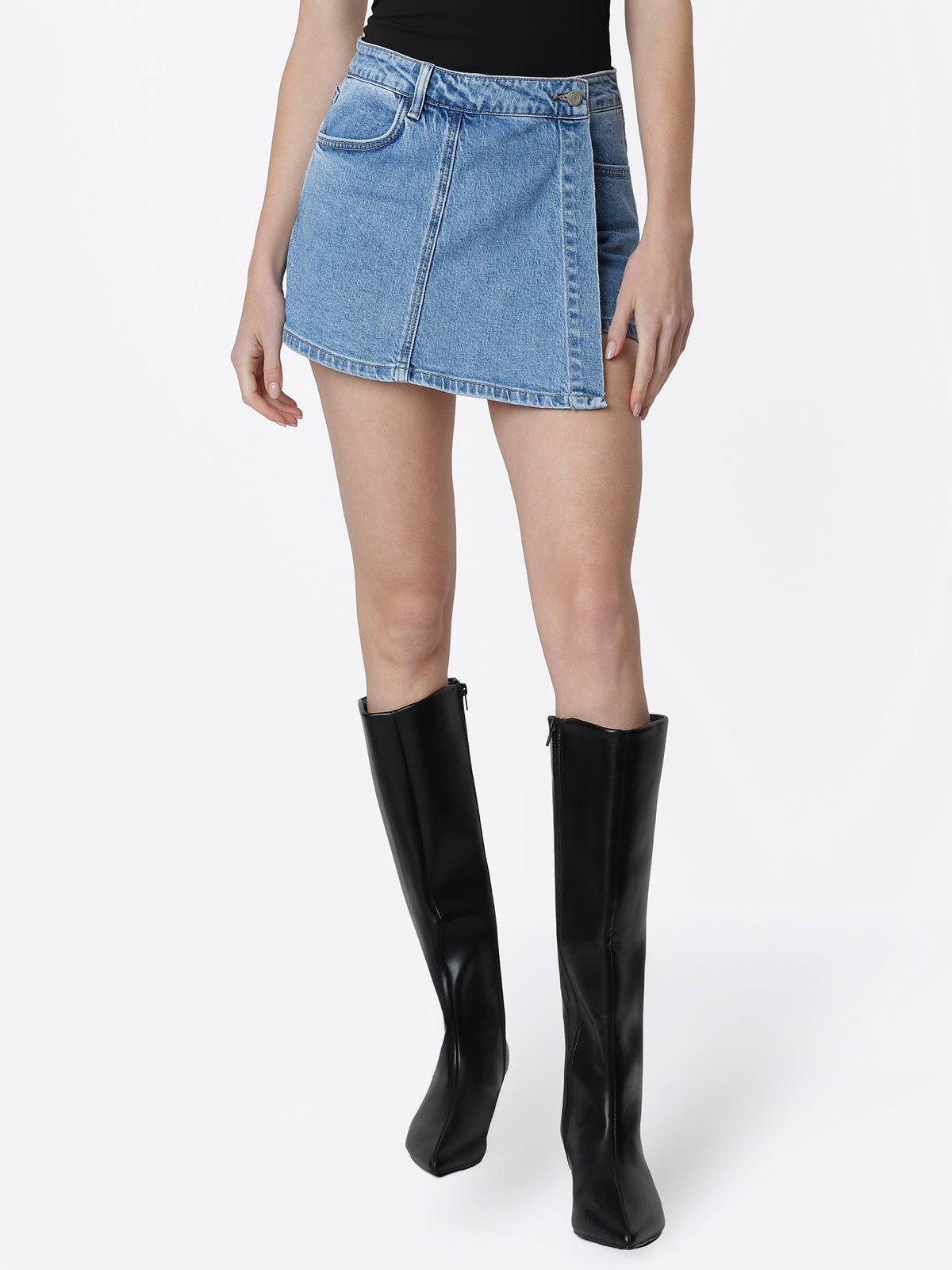 Lavishly High-Rise Medium-Wash Denim Wrap Skort
