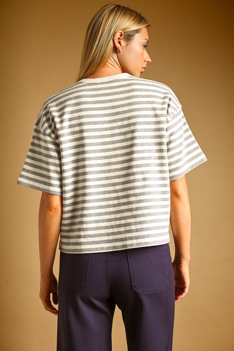 Heather Grey Bold-Stripe Cropped Short-Sleeve Top